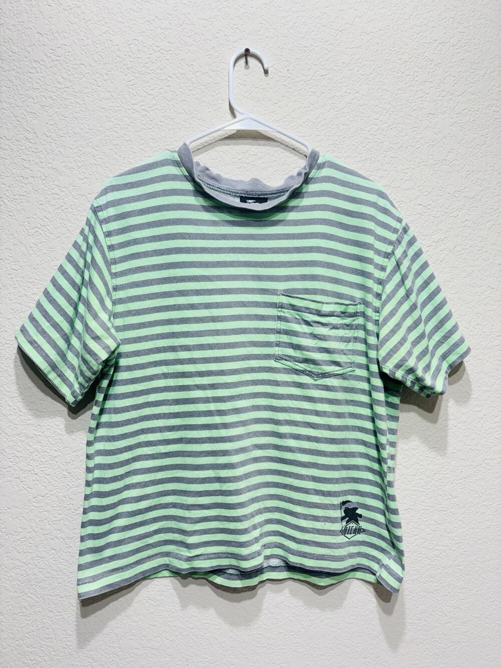 Vintage Gotcha Striped T Shirt Green Grey 80s 90s Made in USA Small